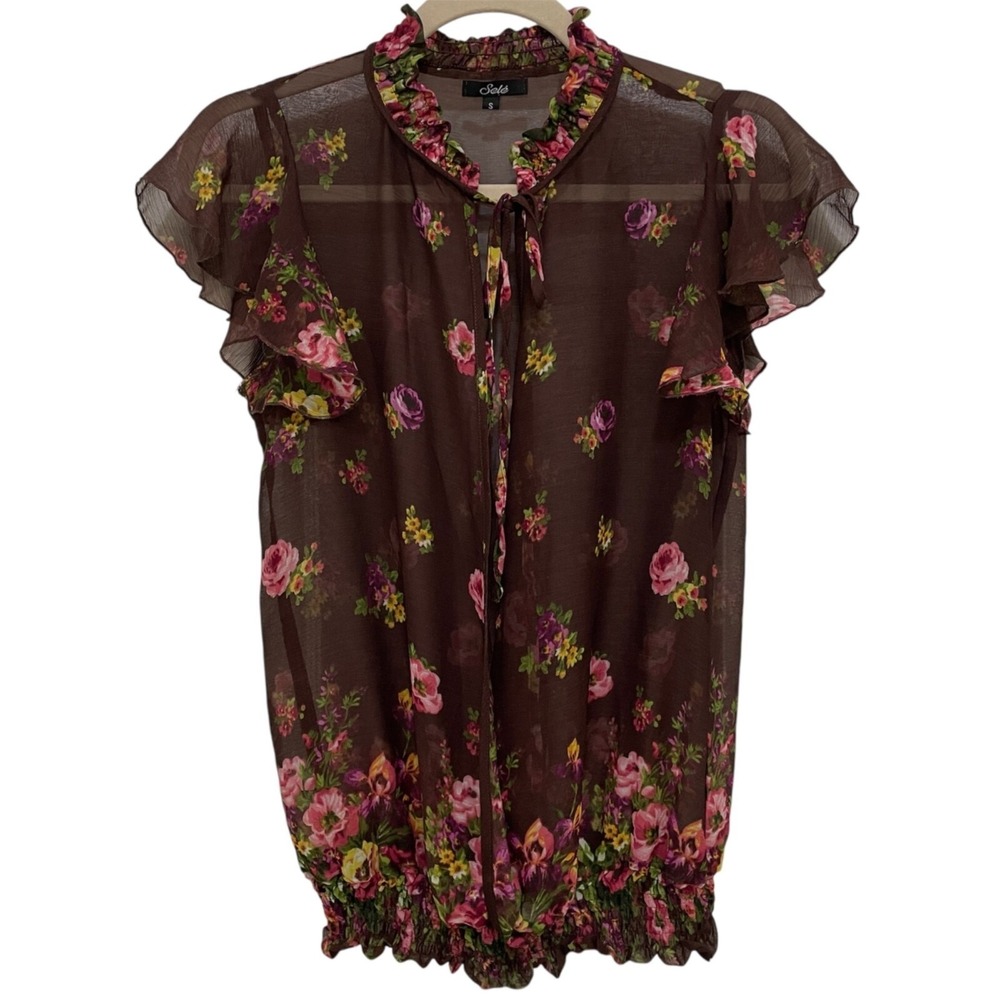 Sheer Floral Blouse Womens Sz S Ruffle Tie Neck Open Front Dark Fairy Whimsygoth